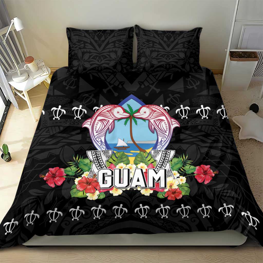 Guam Chamorro Bedding Set Tribal Latte Stone With Dolphins Black