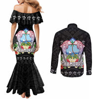 Guam Chamorro Couples Matching Mermaid Dress and Long Sleeve Button Shirt Tribal Latte Stone With Dolphins Black