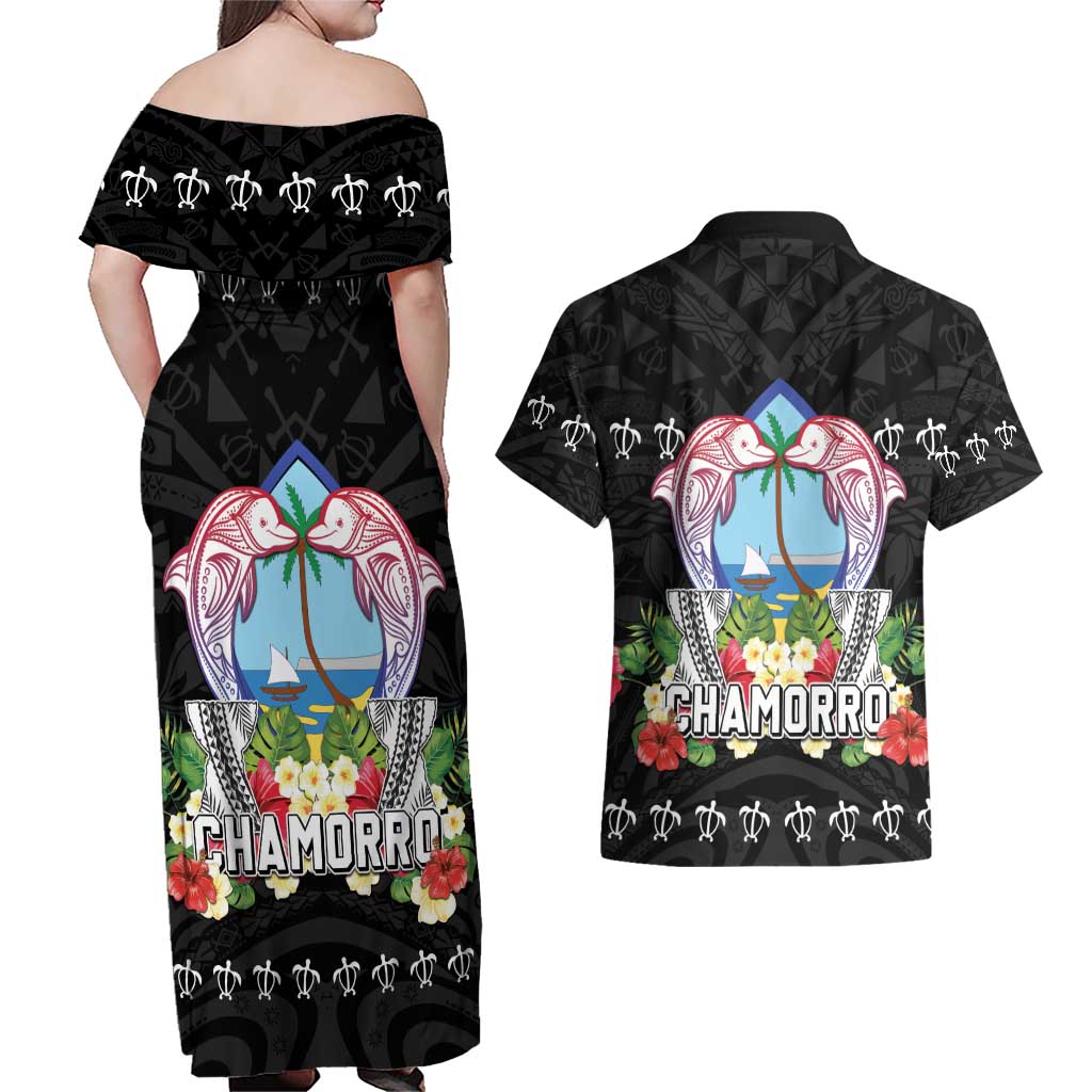 Guam Chamorro Couples Matching Off Shoulder Maxi Dress and Hawaiian Shirt Tribal Latte Stone With Dolphins Black