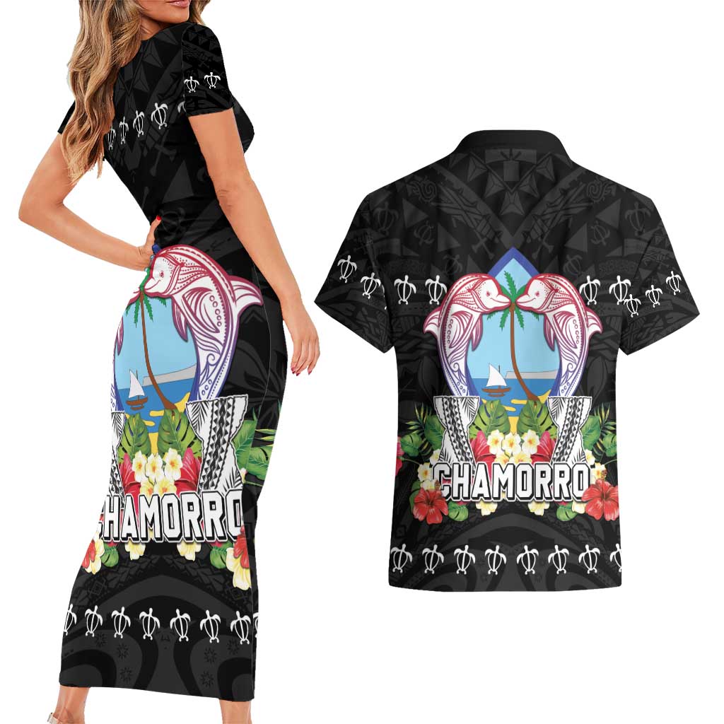 Guam Chamorro Couples Matching Short Sleeve Bodycon Dress and Hawaiian Shirt Tribal Latte Stone With Dolphins Black