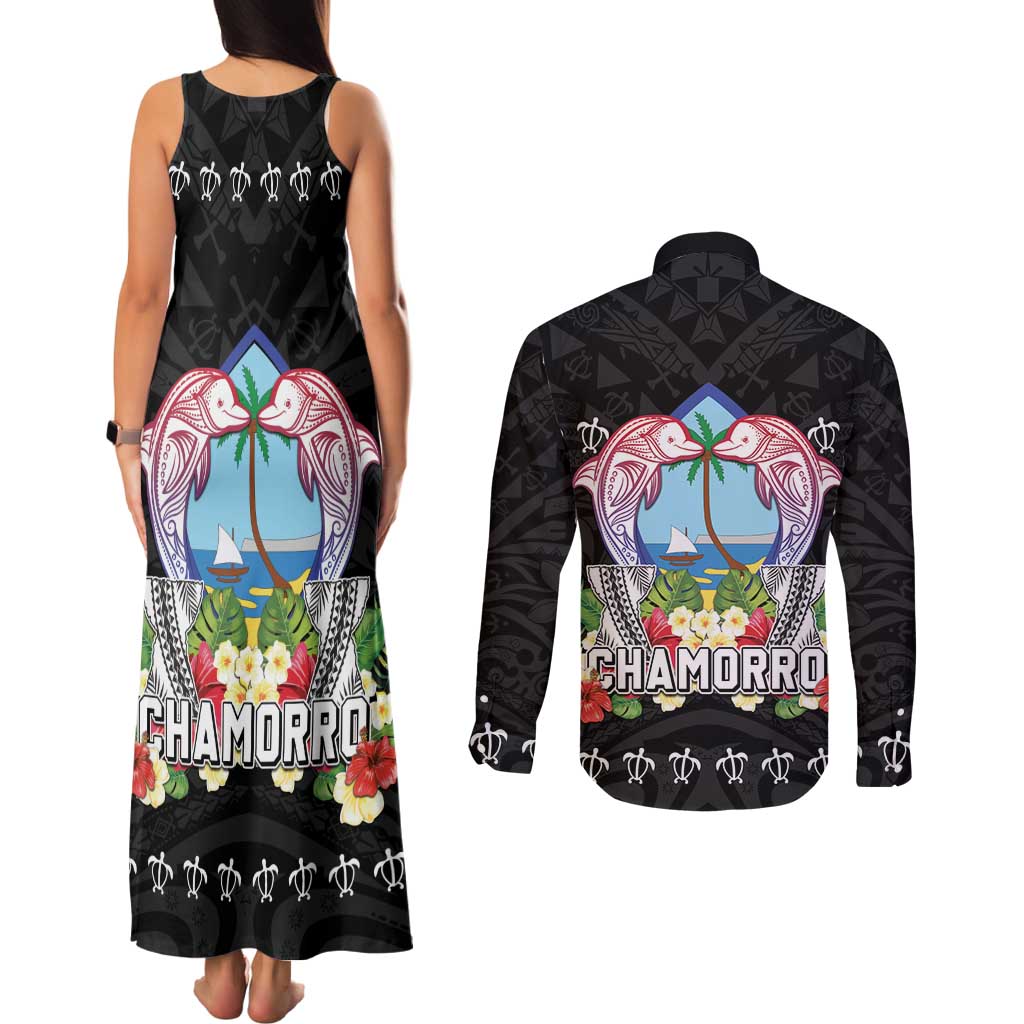Guam Chamorro Couples Matching Tank Maxi Dress and Long Sleeve Button Shirt Tribal Latte Stone With Dolphins Black