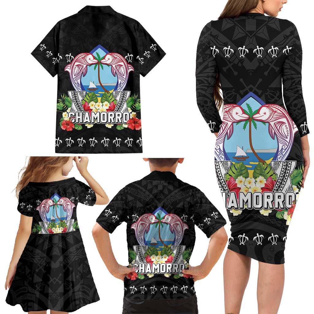 Guam Chamorro Family Matching Long Sleeve Bodycon Dress and Hawaiian Shirt Tribal Latte Stone With Dolphins Black