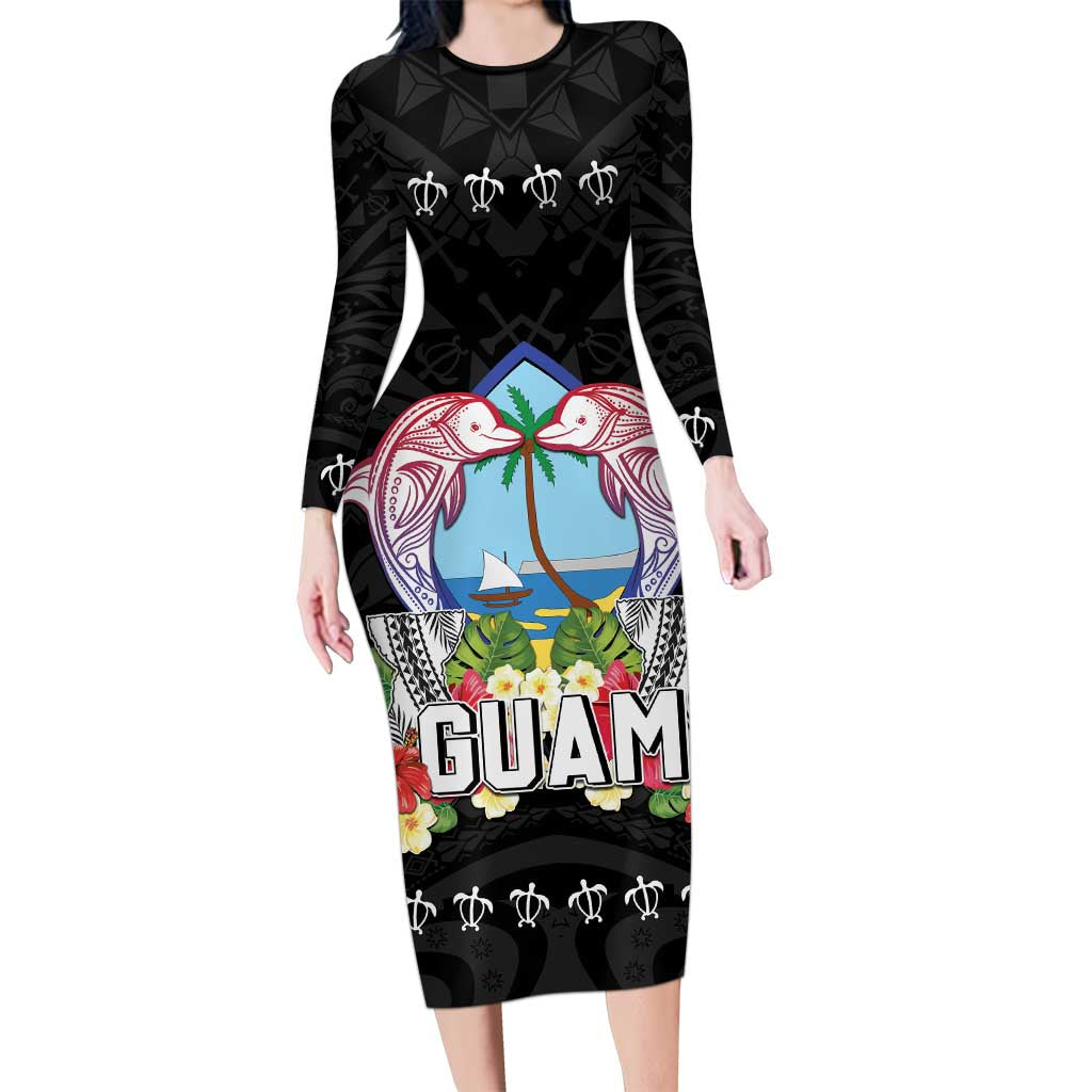 Guam Chamorro Family Matching Long Sleeve Bodycon Dress and Hawaiian Shirt Tribal Latte Stone With Dolphins Black