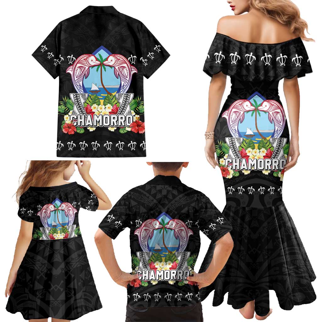 Guam Chamorro Family Matching Mermaid Dress and Hawaiian Shirt Tribal Latte Stone With Dolphins Black