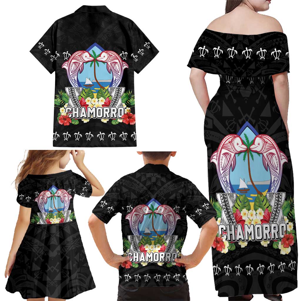 Guam Chamorro Family Matching Off Shoulder Maxi Dress and Hawaiian Shirt Tribal Latte Stone With Dolphins Black