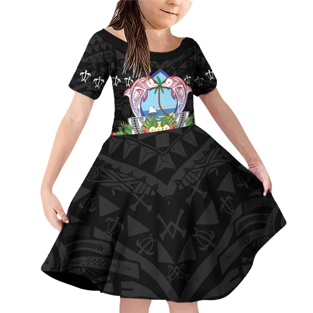 Guam Chamorro Family Matching Off Shoulder Short Dress and Hawaiian Shirt Tribal Latte Stone With Dolphins Black
