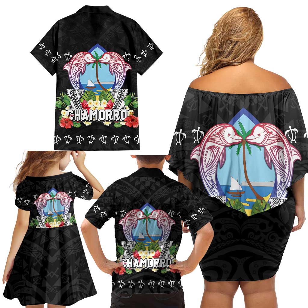 Guam Chamorro Family Matching Off Shoulder Short Dress and Hawaiian Shirt Tribal Latte Stone With Dolphins Black