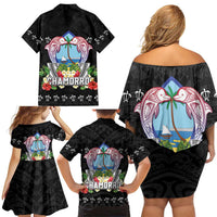 Guam Chamorro Family Matching Off Shoulder Short Dress and Hawaiian Shirt Tribal Latte Stone With Dolphins Black