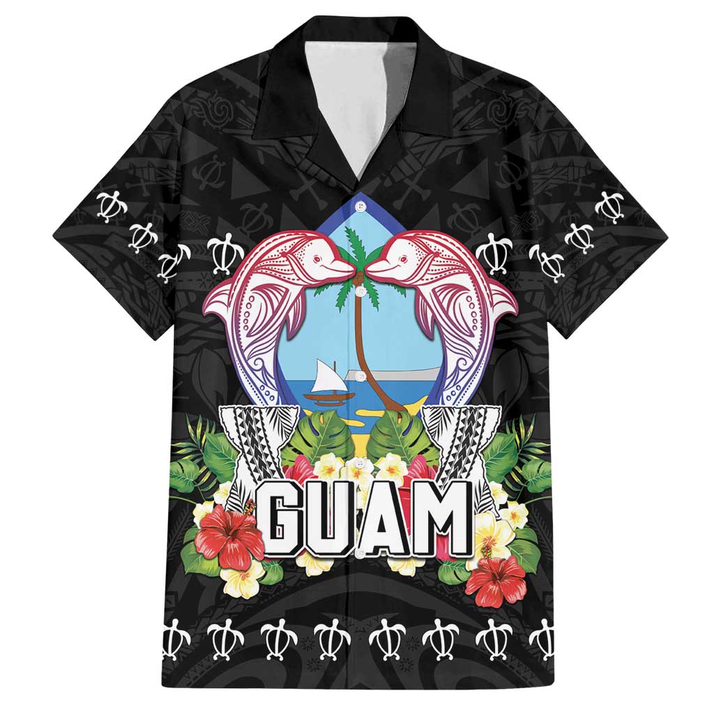 Guam Chamorro Family Matching Off Shoulder Short Dress and Hawaiian Shirt Tribal Latte Stone With Dolphins Black