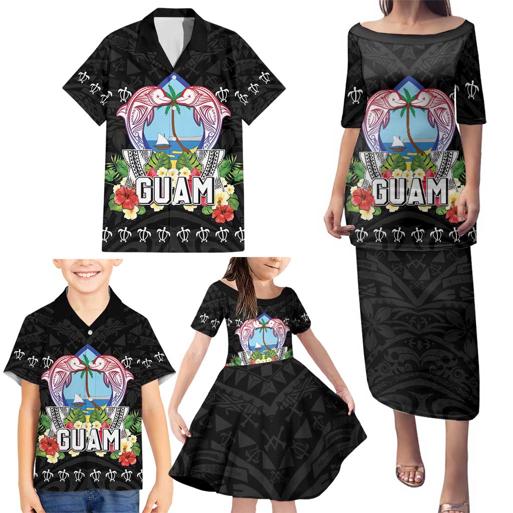 Guam Chamorro Family Matching Puletasi and Hawaiian Shirt Tribal Latte Stone With Dolphins Black