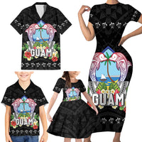 Guam Chamorro Family Matching Short Sleeve Bodycon Dress and Hawaiian Shirt Tribal Latte Stone With Dolphins Black
