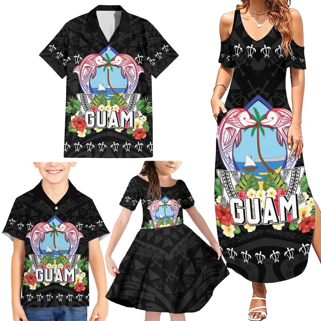Guam Chamorro Family Matching Summer Maxi Dress and Hawaiian Shirt Tribal Latte Stone With Dolphins Black