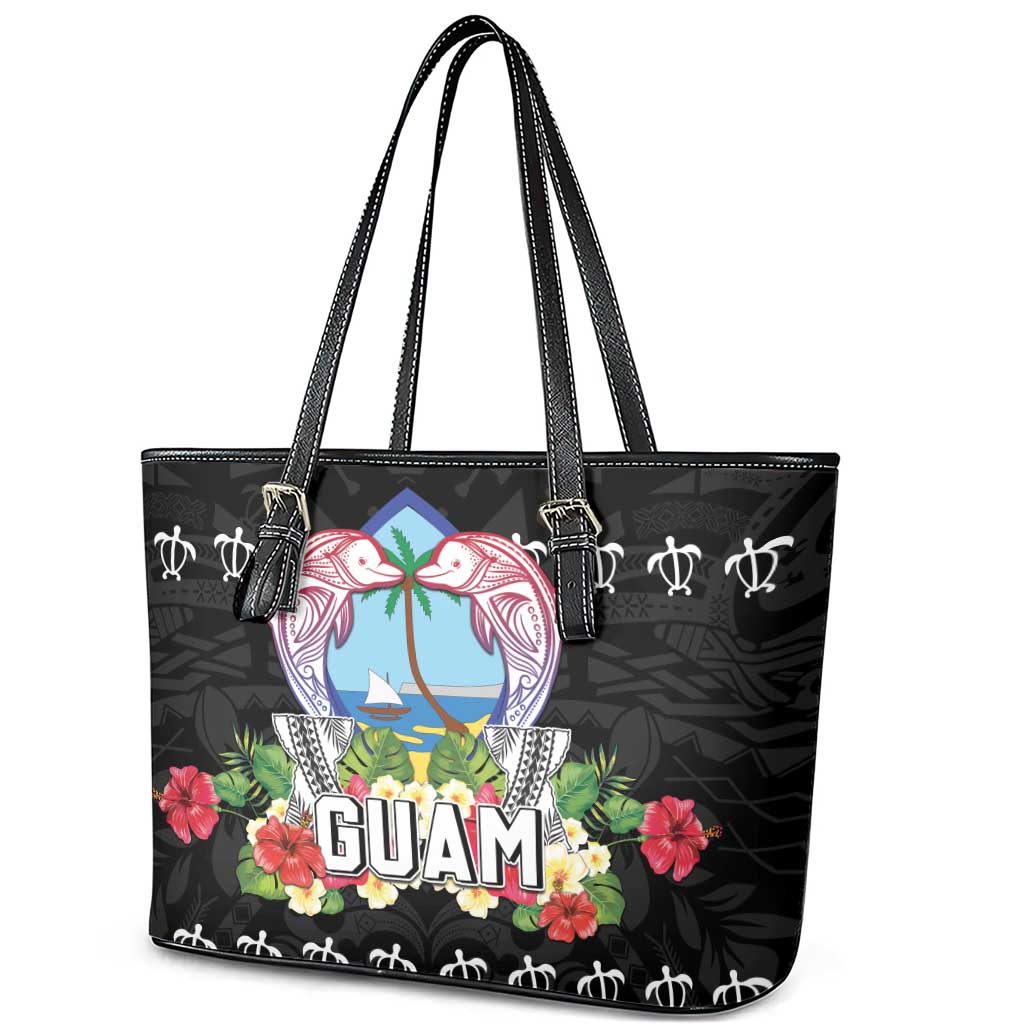 Guam Chamorro Leather Tote Bag Tribal Latte Stone With Dolphins Black