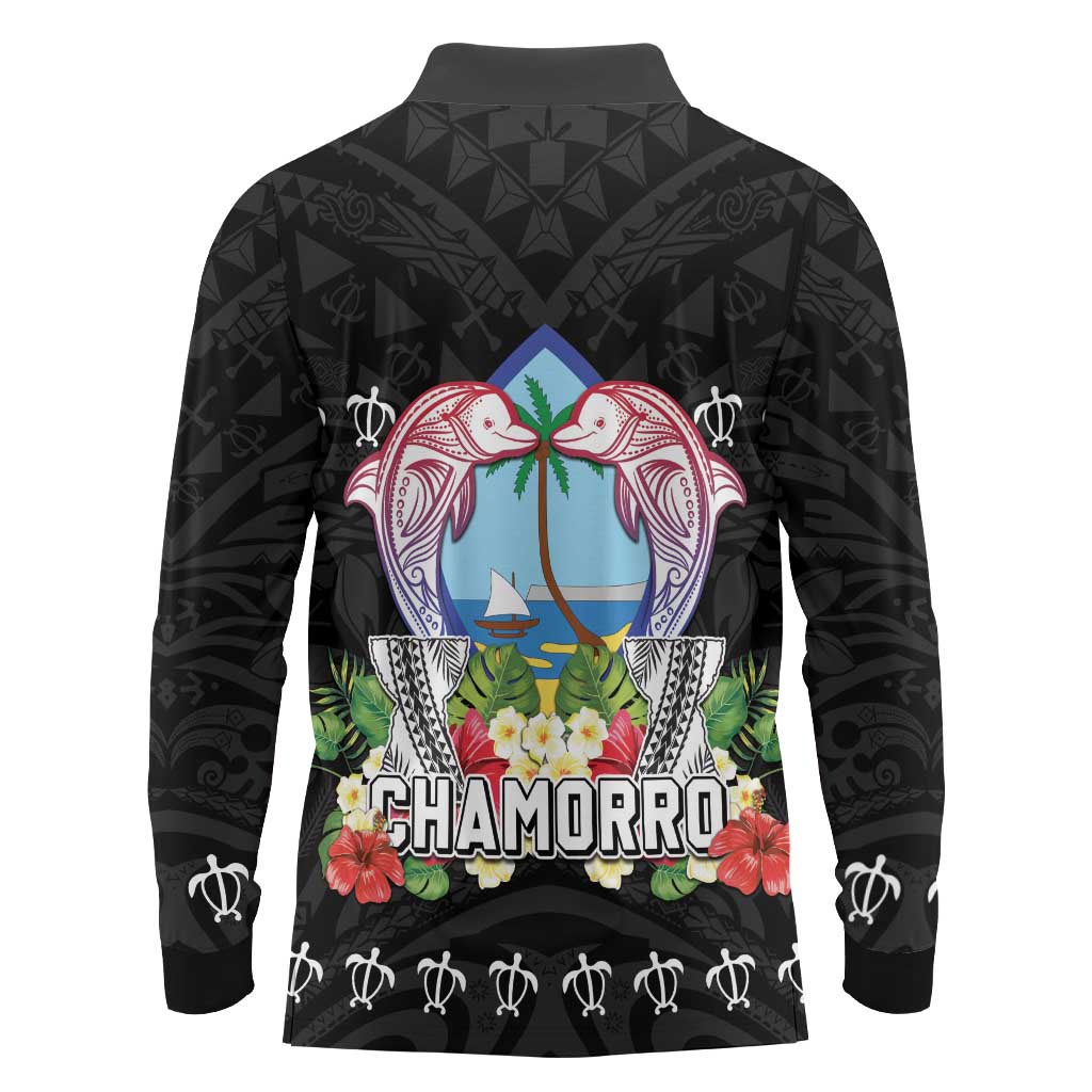 Guam Chamorro Long Sleeve Polo Shirt Tribal Latte Stone With Dolphins Black