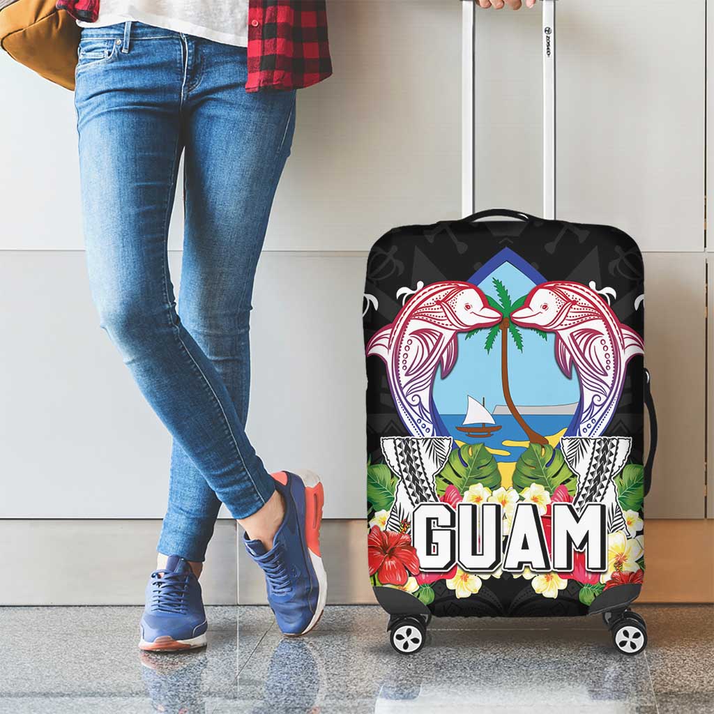 Guam Chamorro Luggage Cover Tribal Latte Stone With Dolphins Black