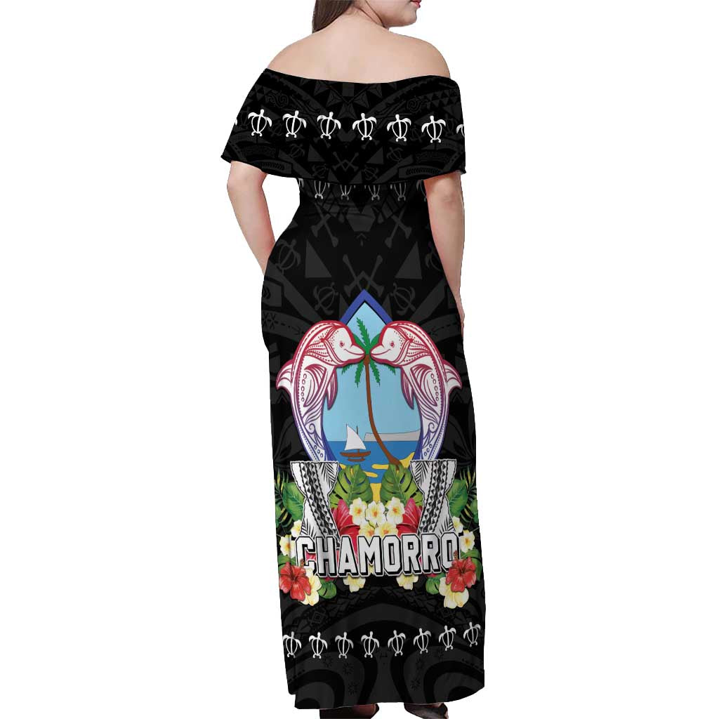 Guam Chamorro Off Shoulder Maxi Dress Tribal Latte Stone With Dolphins Black