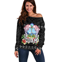 Guam Chamorro Off Shoulder Sweater Tribal Latte Stone With Dolphins Black
