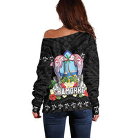 Guam Chamorro Off Shoulder Sweater Tribal Latte Stone With Dolphins Black