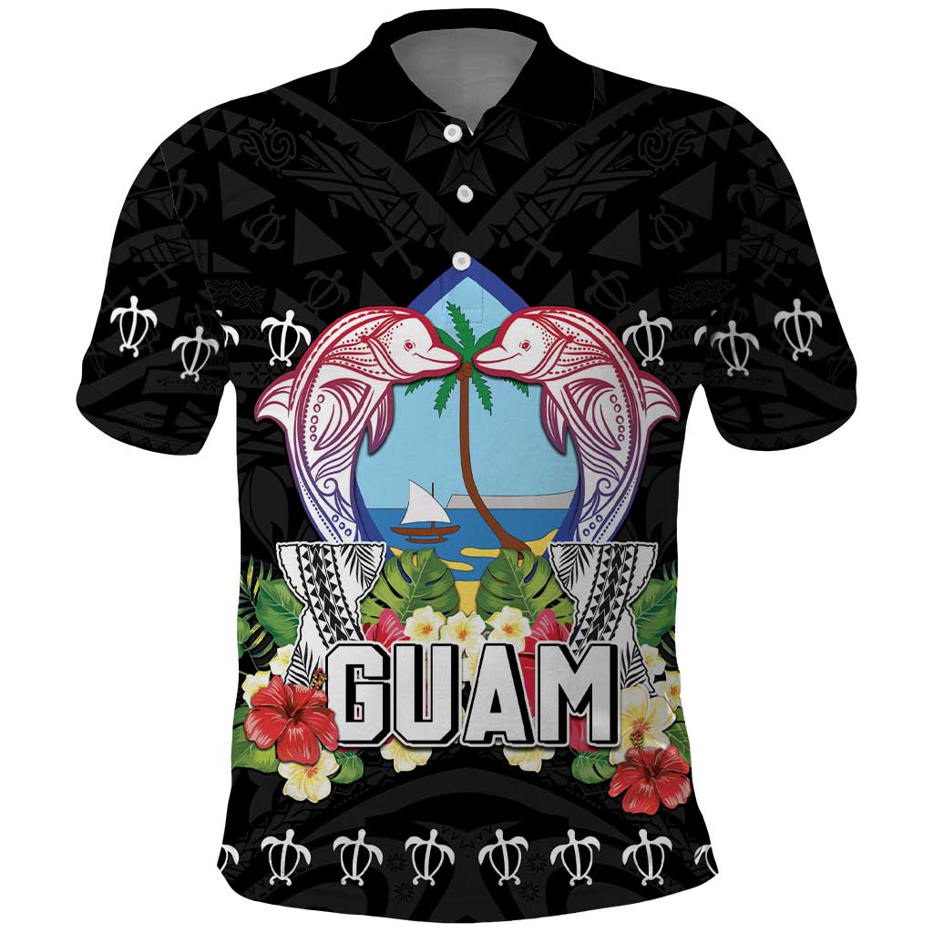 Guam Chamorro Polo Shirt Tribal Latte Stone With Dolphins Black