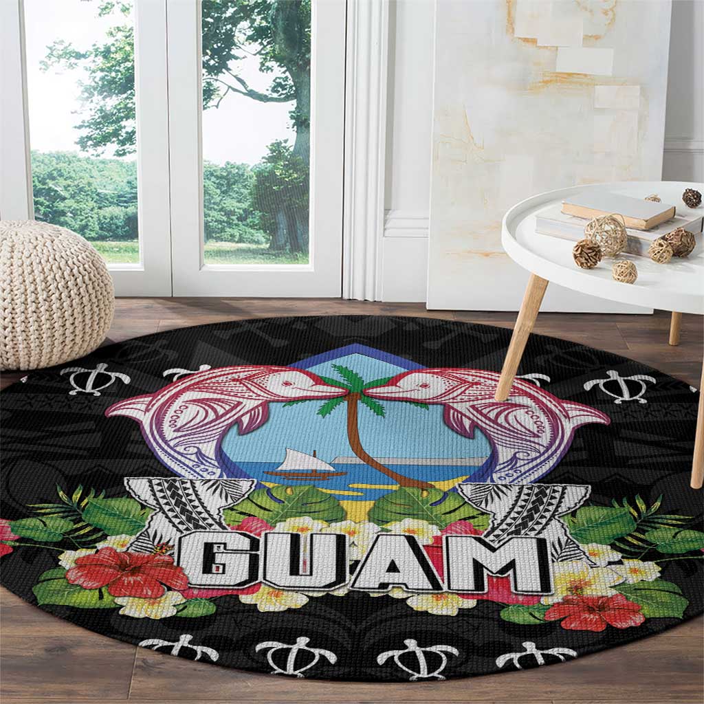Guam Chamorro Round Carpet Tribal Latte Stone With Dolphins Black