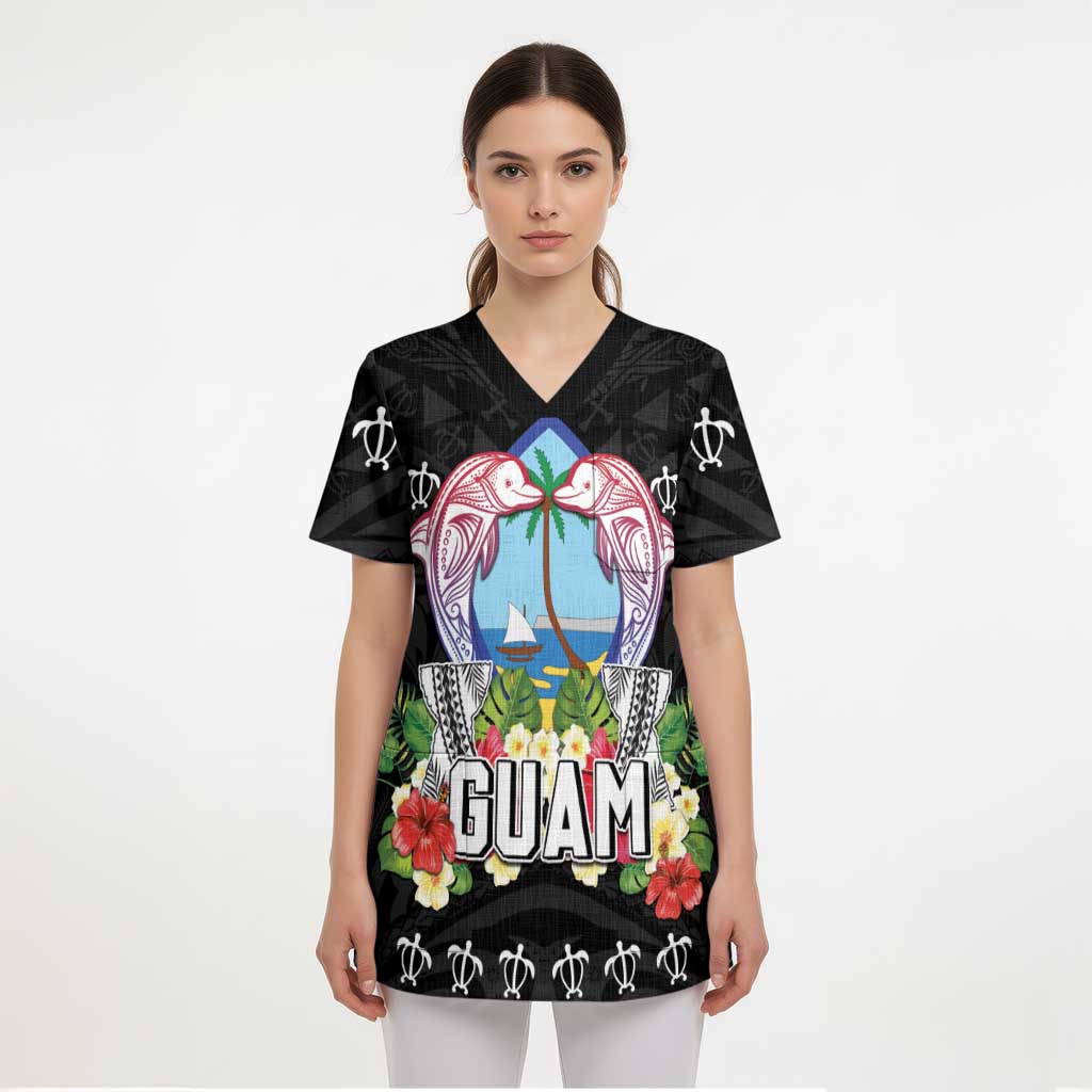 Guam Chamorro Scrub Top Tribal Latte Stone With Dolphins Black LT05 - Polynesian Pride