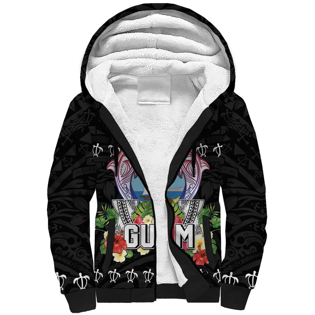 Guam Chamorro Sherpa Hoodie Tribal Latte Stone With Dolphins Black LT05 Unisex Black - Polynesian Pride