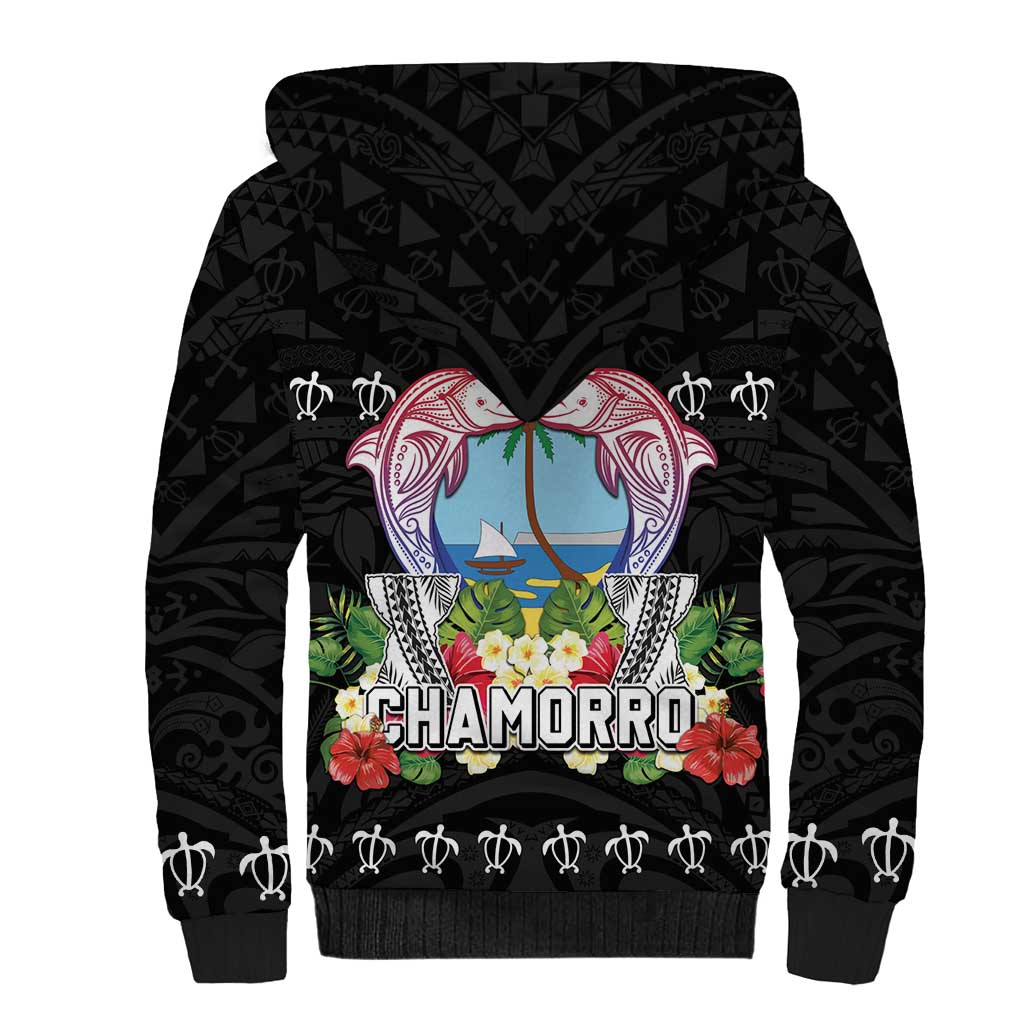 Guam Chamorro Sherpa Hoodie Tribal Latte Stone With Dolphins Black LT05 - Polynesian Pride