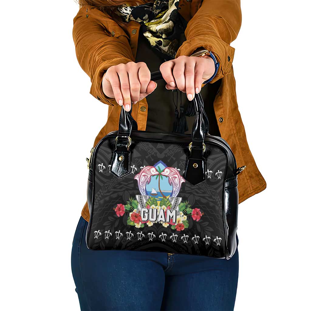 Guam Chamorro Shoulder Handbag Tribal Latte Stone With Dolphins Black