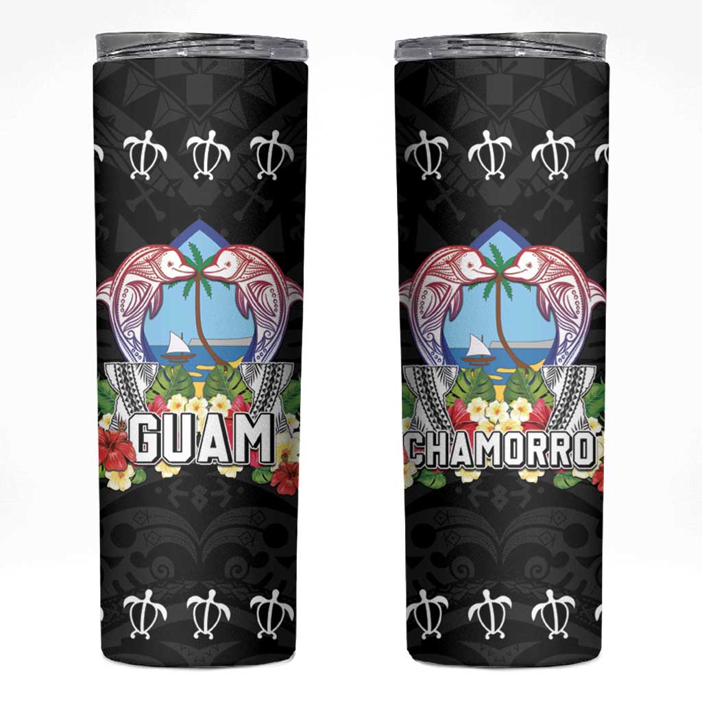 Guam Chamorro Skinny Tumbler Tribal Latte Stone With Dolphins Black