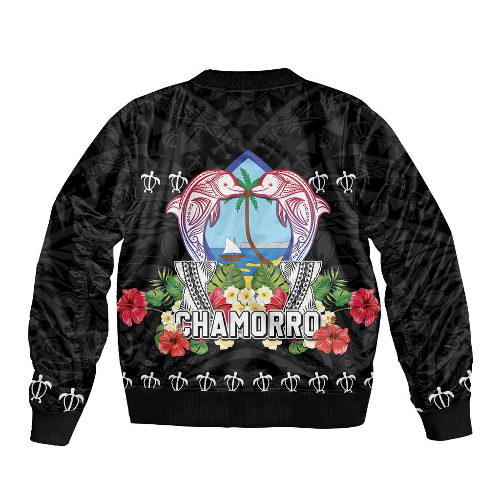 Guam Chamorro Sleeve Zip Bomber Jacket Tribal Latte Stone With Dolphins Black