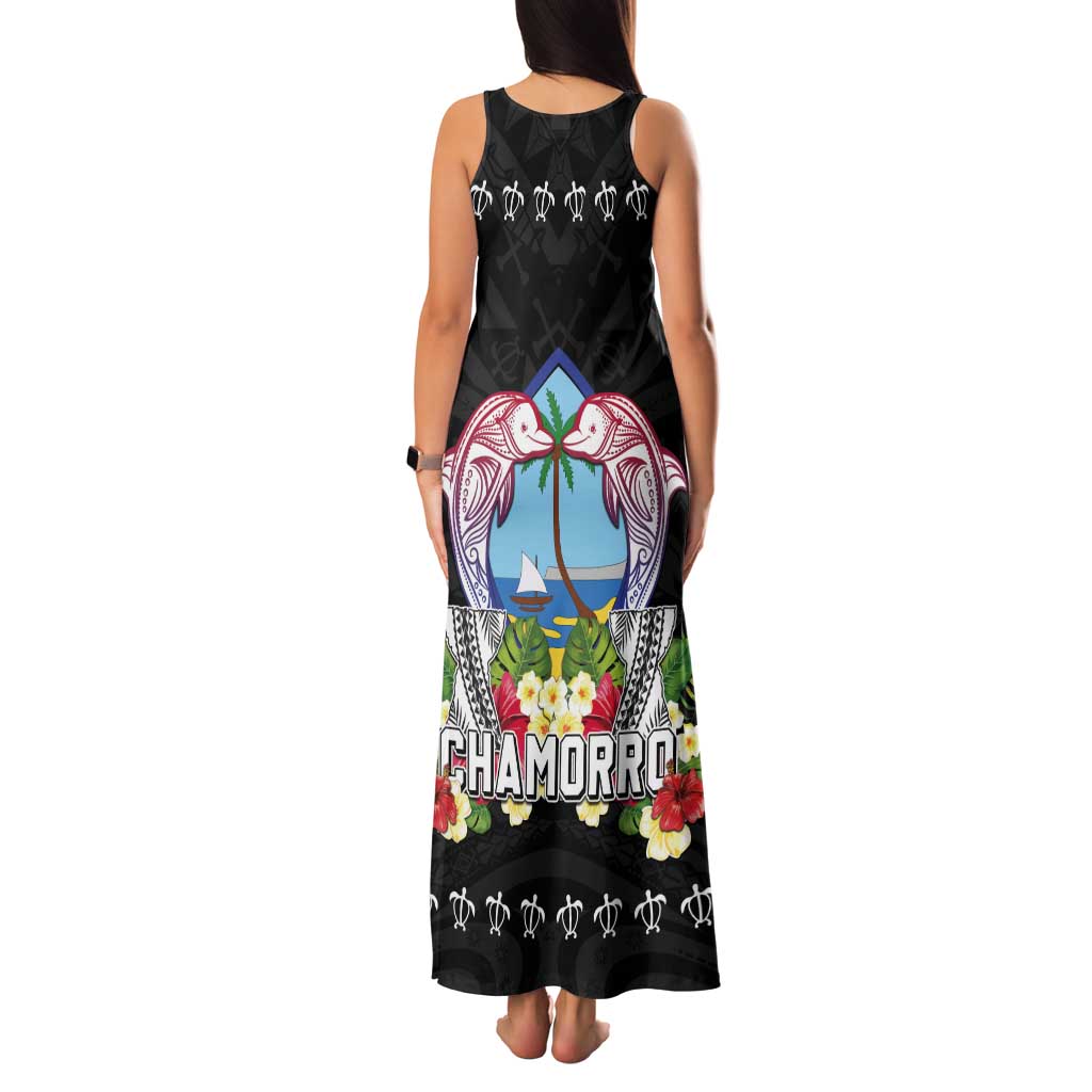 Guam Chamorro Tank Maxi Dress Tribal Latte Stone With Dolphins Black