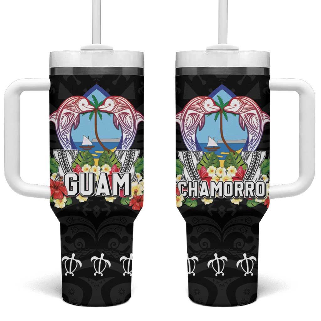 Guam Chamorro Tumbler With Handle Tribal Latte Stone With Dolphins Black