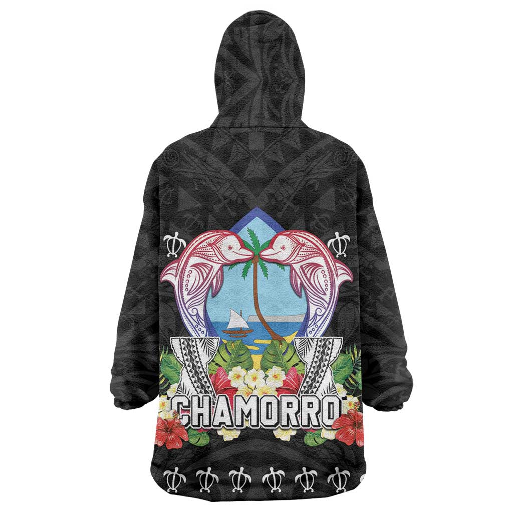 Guam Chamorro Wearable Blanket Hoodie Tribal Latte Stone With Dolphins Black