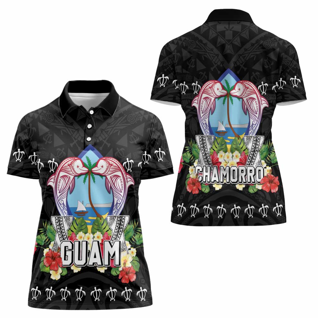 Guam Chamorro Women Polo Shirt Tribal Latte Stone With Dolphins Black