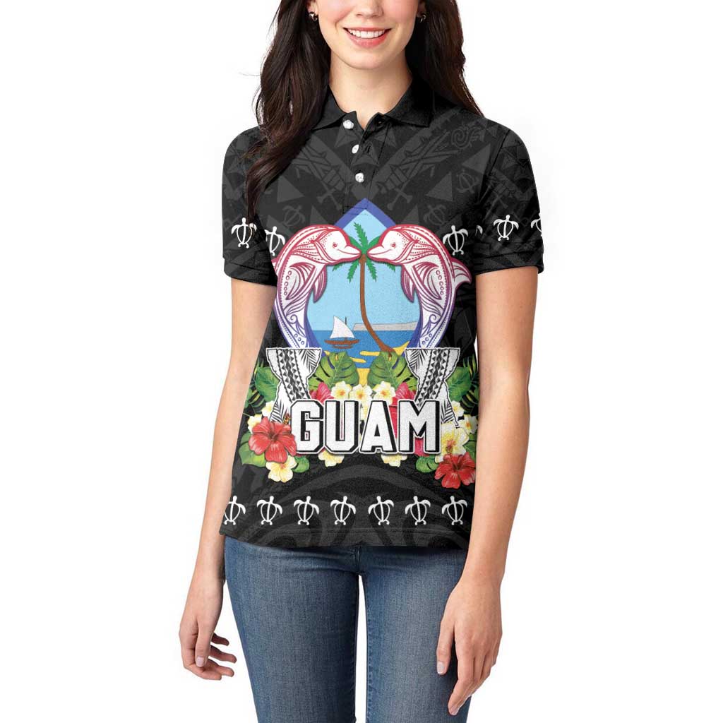 Guam Chamorro Women Polo Shirt Tribal Latte Stone With Dolphins Black