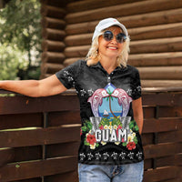 Guam Chamorro Women Polo Shirt Tribal Latte Stone With Dolphins Black