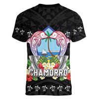 Guam Chamorro Women V-Neck T-Shirt Tribal Latte Stone With Dolphins Black