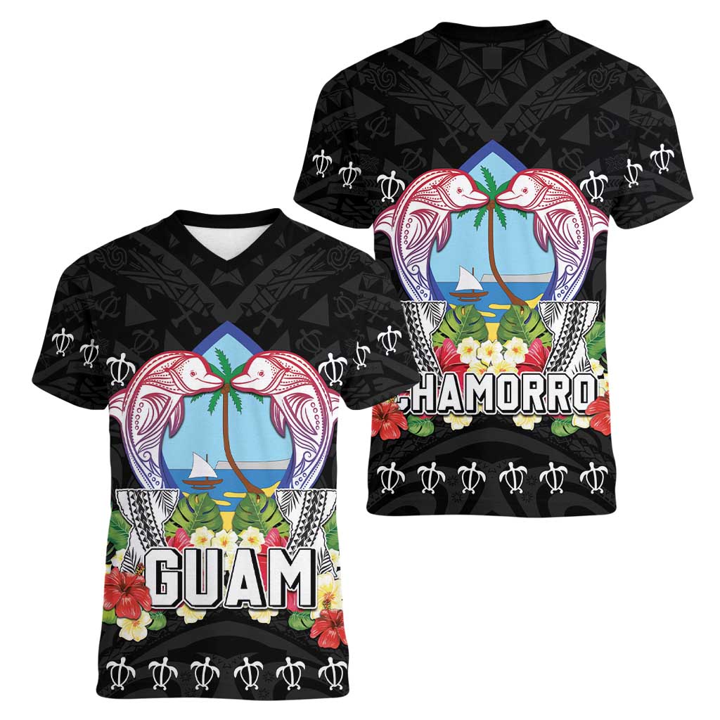 Guam Chamorro Women V-Neck T-Shirt Tribal Latte Stone With Dolphins Black