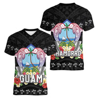 Guam Chamorro Women V-Neck T-Shirt Tribal Latte Stone With Dolphins Black