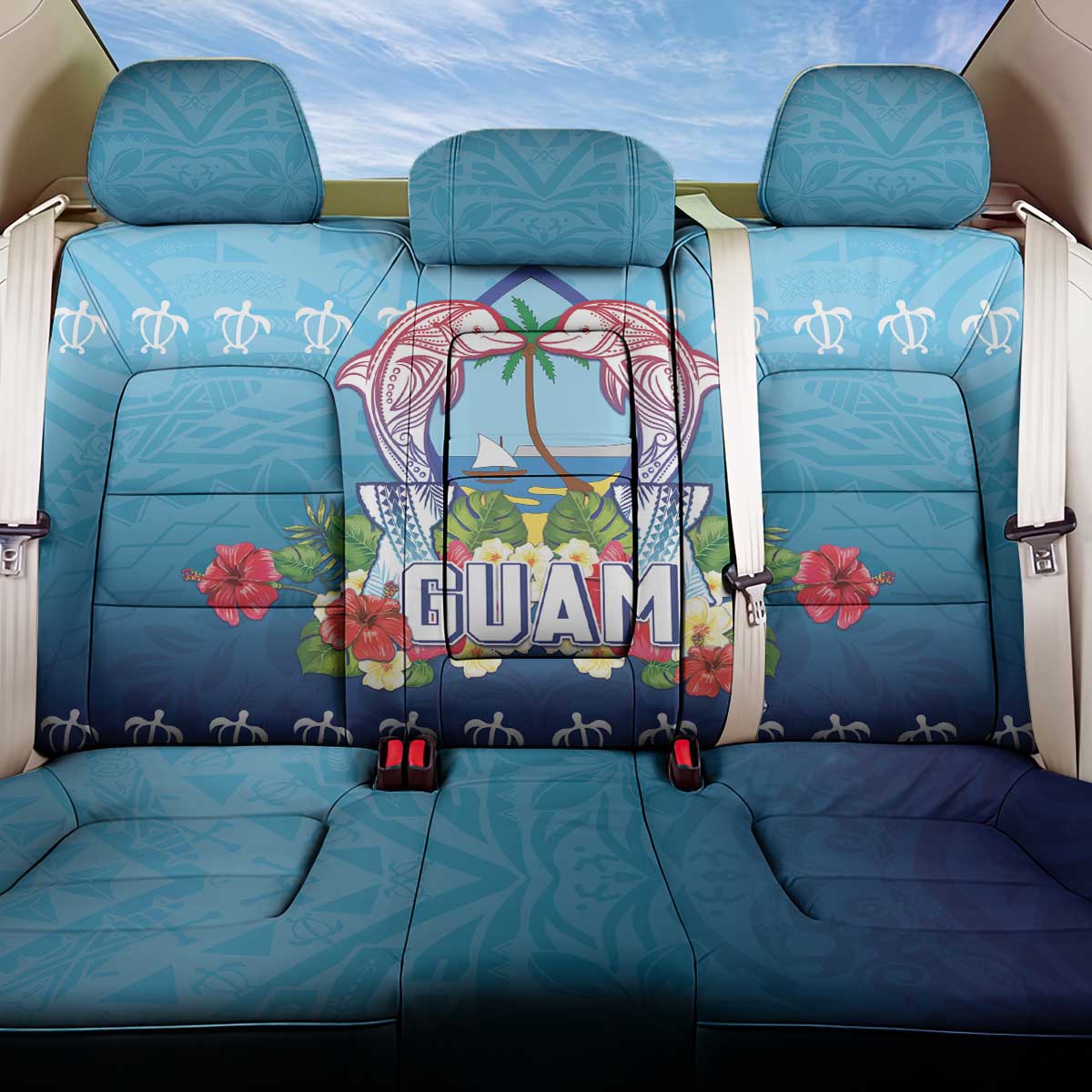Guam Chamorro Back Car Seat Cover Tribal Latte Stone With Dolphins Blue