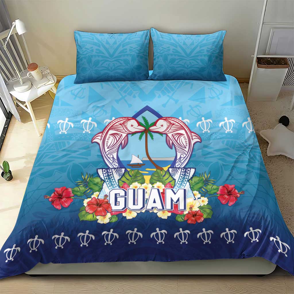 Guam Chamorro Bedding Set Tribal Latte Stone With Dolphins Blue
