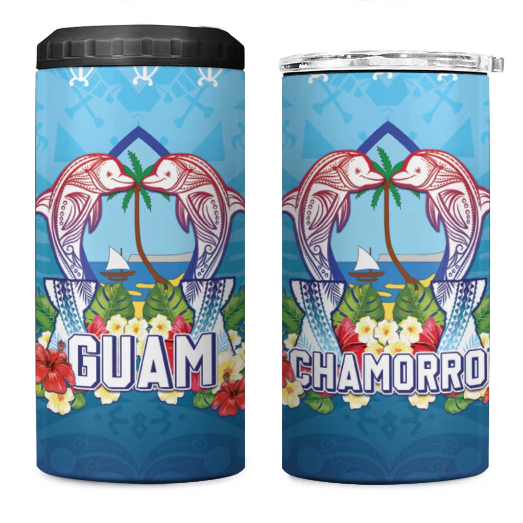 Guam Chamorro 4 in 1 Can Cooler Tumbler Tribal Latte Stone With Dolphins Blue