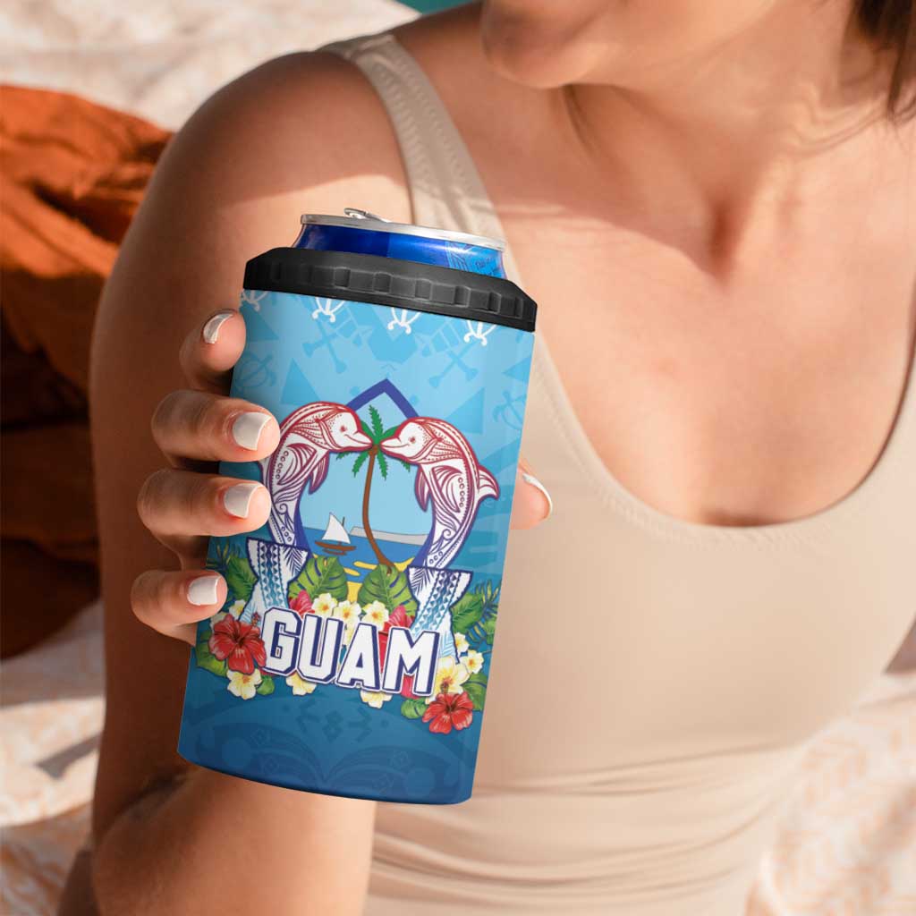 Guam Chamorro 4 in 1 Can Cooler Tumbler Tribal Latte Stone With Dolphins Blue