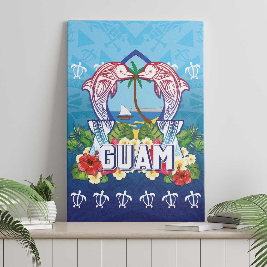 Guam Chamorro Canvas Wall Art Tribal Latte Stone With Dolphins Blue