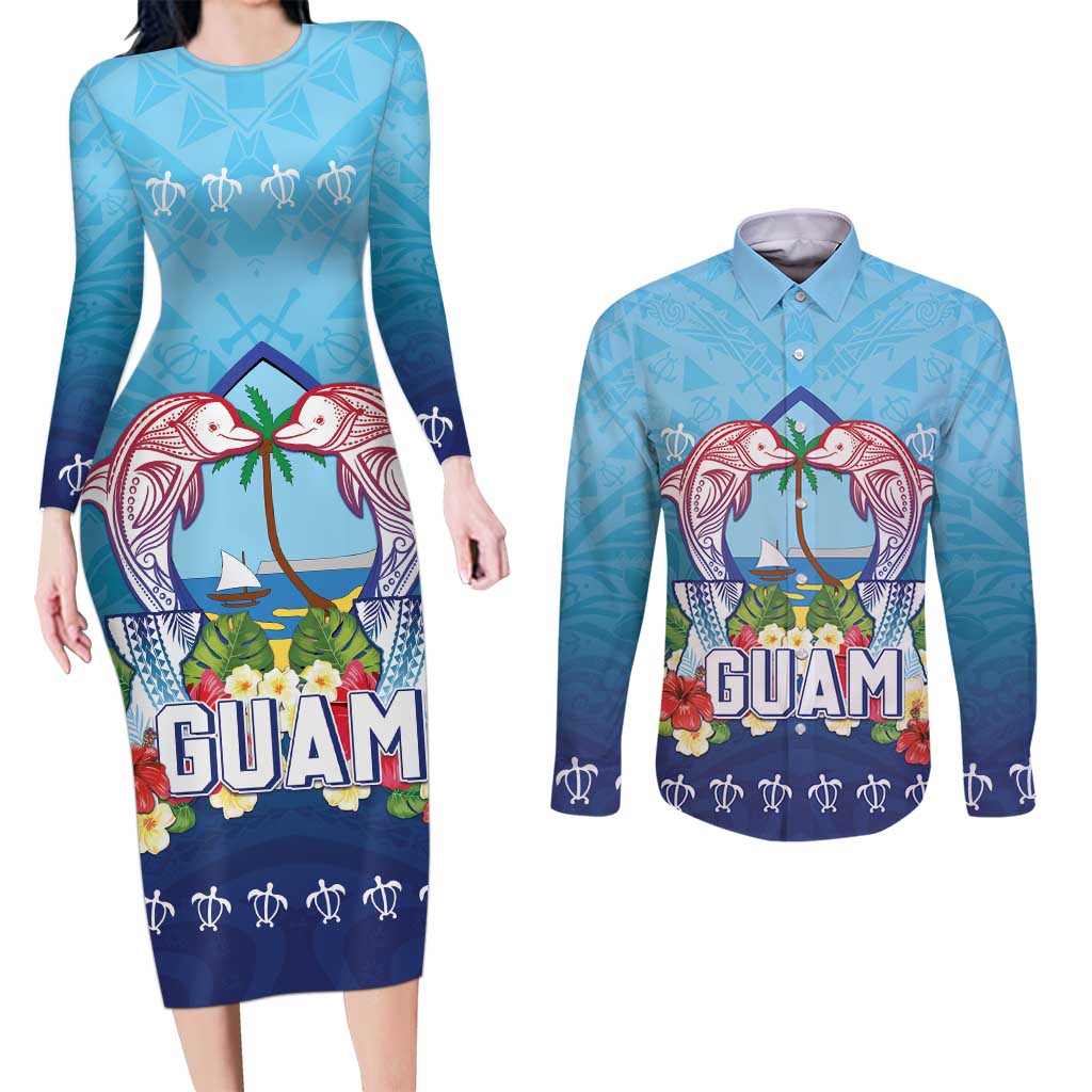 Guam Chamorro Couples Matching Long Sleeve Bodycon Dress and Long Sleeve Button Shirt Tribal Latte Stone With Dolphins Blue