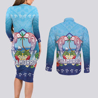 Guam Chamorro Couples Matching Long Sleeve Bodycon Dress and Long Sleeve Button Shirt Tribal Latte Stone With Dolphins Blue