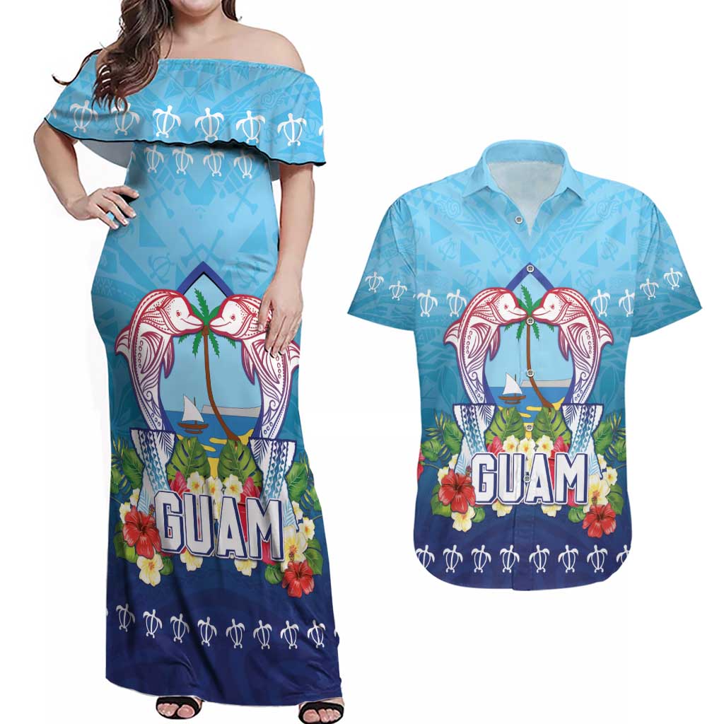 Guam Chamorro Couples Matching Off Shoulder Maxi Dress and Hawaiian Shirt Tribal Latte Stone With Dolphins Blue