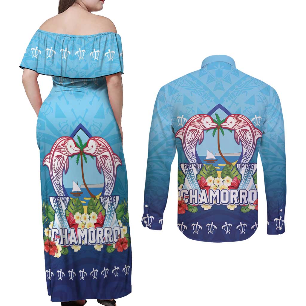 Guam Chamorro Couples Matching Off Shoulder Maxi Dress and Long Sleeve Button Shirt Tribal Latte Stone With Dolphins Blue