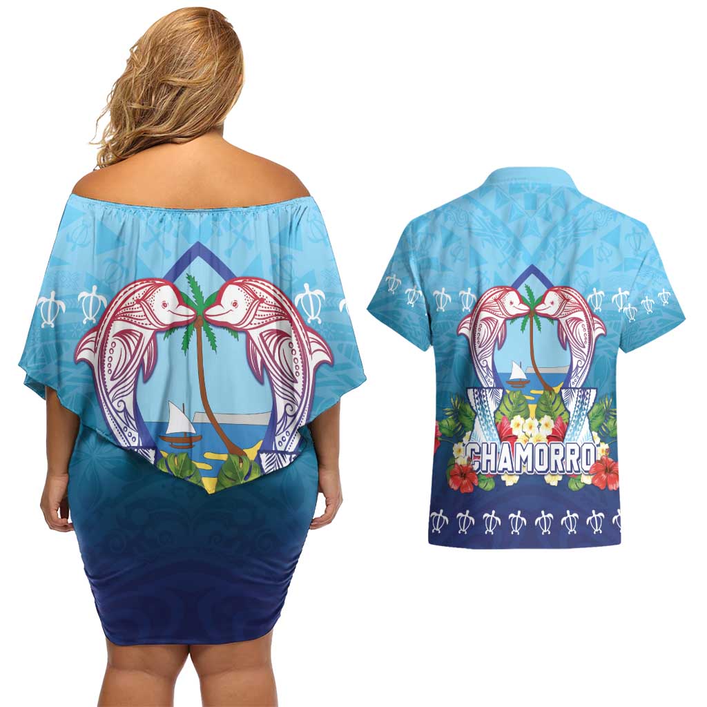 Guam Chamorro Couples Matching Off Shoulder Short Dress and Hawaiian Shirt Tribal Latte Stone With Dolphins Blue