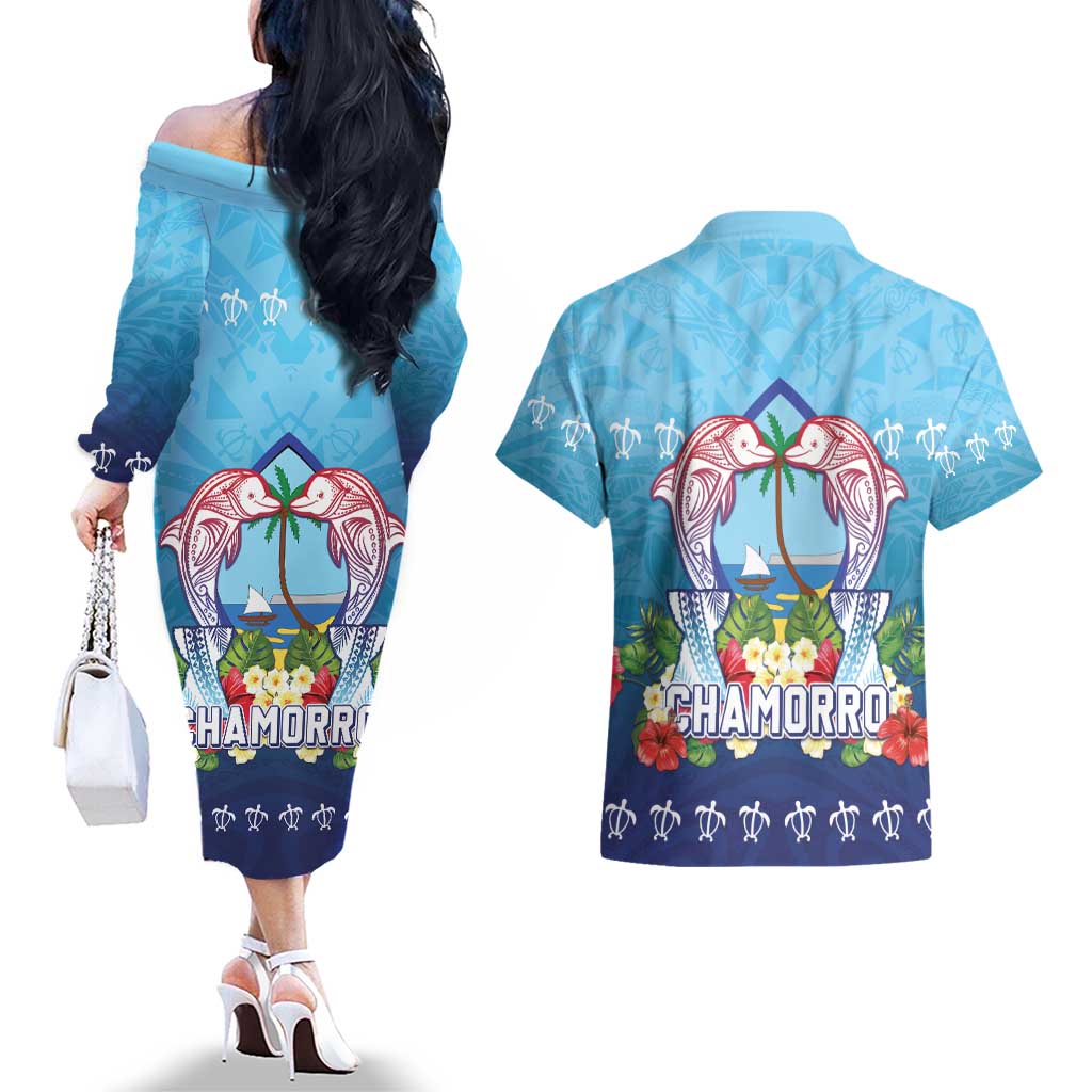 Guam Chamorro Couples Matching Off The Shoulder Long Sleeve Dress and Hawaiian Shirt Tribal Latte Stone With Dolphins Blue